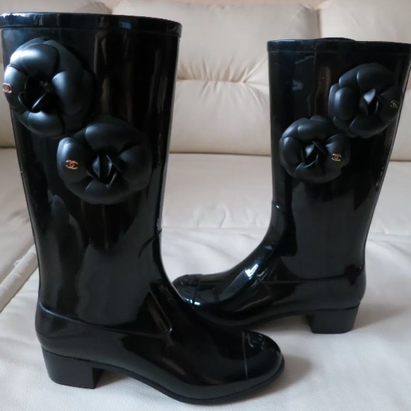 CHANEL Shoes - Chanel black rain boots with flowers! authentic!